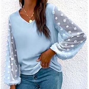 Jiotang Blouse Top Womens Size Medium Long Sheer Sleeve Light Blue Stretch